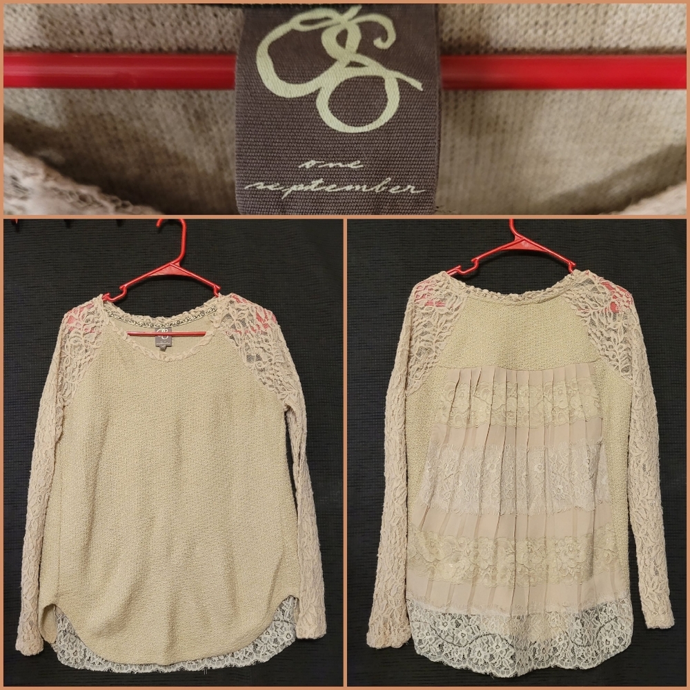 Anthropology Rosanella Pleated Lace Back Knit Sweater Raglan Sleeve